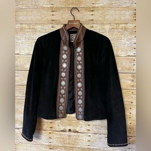 Double D Ranch black suede and brown leather there jacket with conchos size M